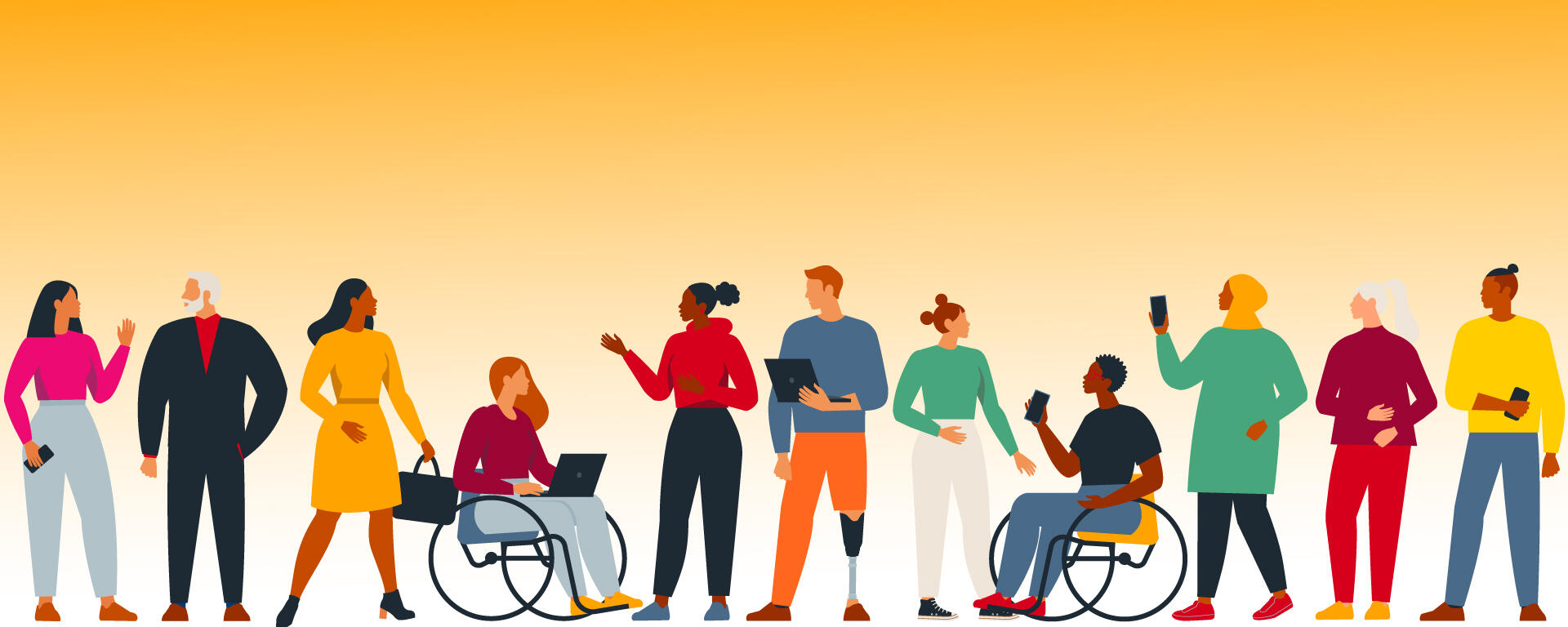 Illustration of a diverse group of people including someone in a wheelchair, an amputee, a woman wearing a hijab, and both men and women with various shades of skin colour, black, brown, and white.