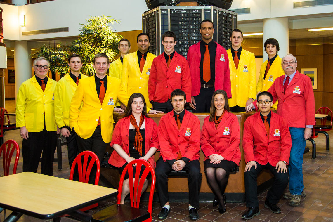 Haskayne's Rotman International Trading Competition teams, back row from left: Gordon Sick (coach), Carter Ensign, Constantine Zakrasov, Branden Lewis, Ranjot Sandhu, Scott Woldum, Jordan Grant, Georg Jalkotzy, Taylor Ronsky, George Hart (assistant coach). Front row from left: Felicia Specht, Brett Lomore, Catalina Cuzzani, Richard (Yunlong) Hou