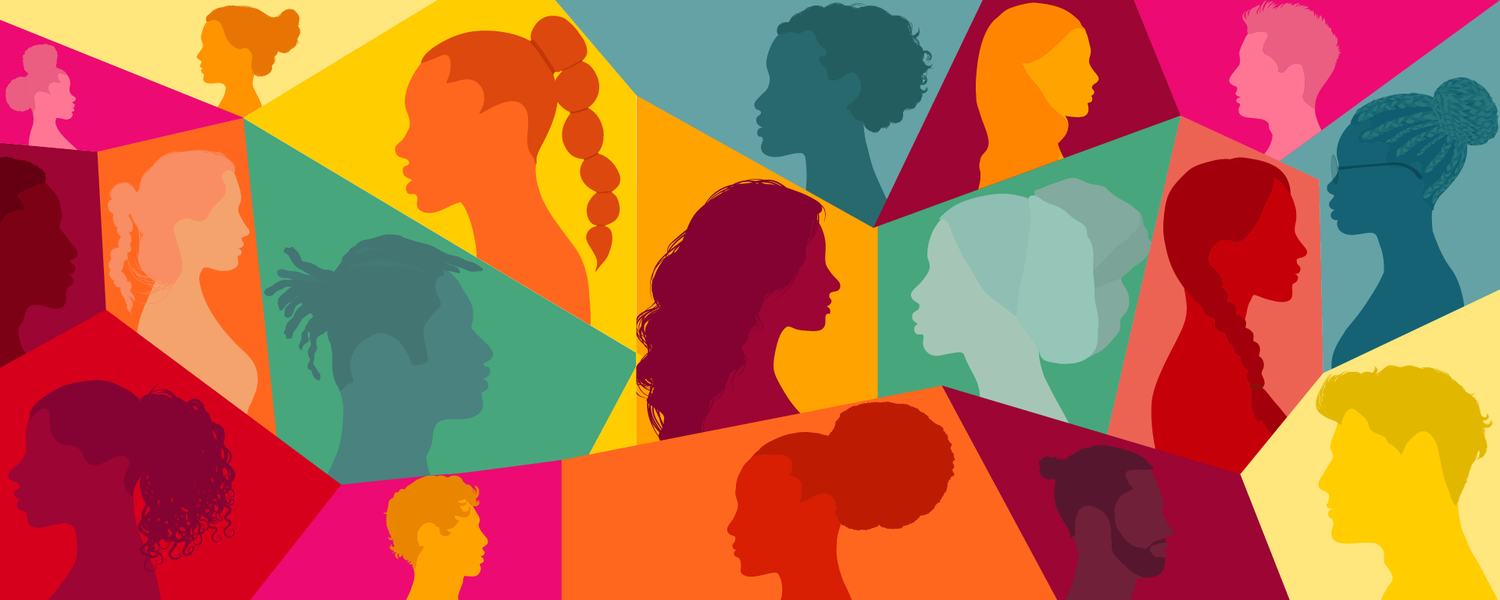 Colourful silhouettes of a diverse array of people arranged in a kaleidoscope style.