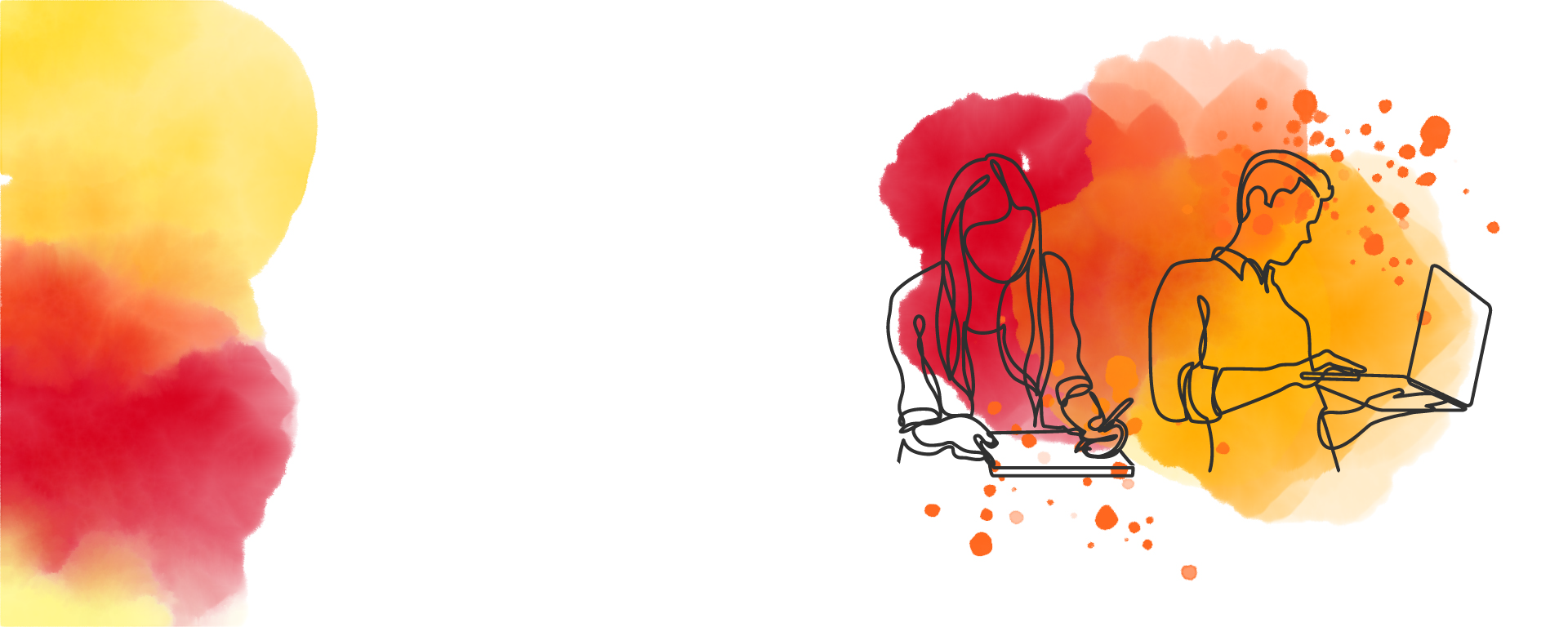White background with orange and red watercolour marks and outlines of students working on laptops and in notebooks.