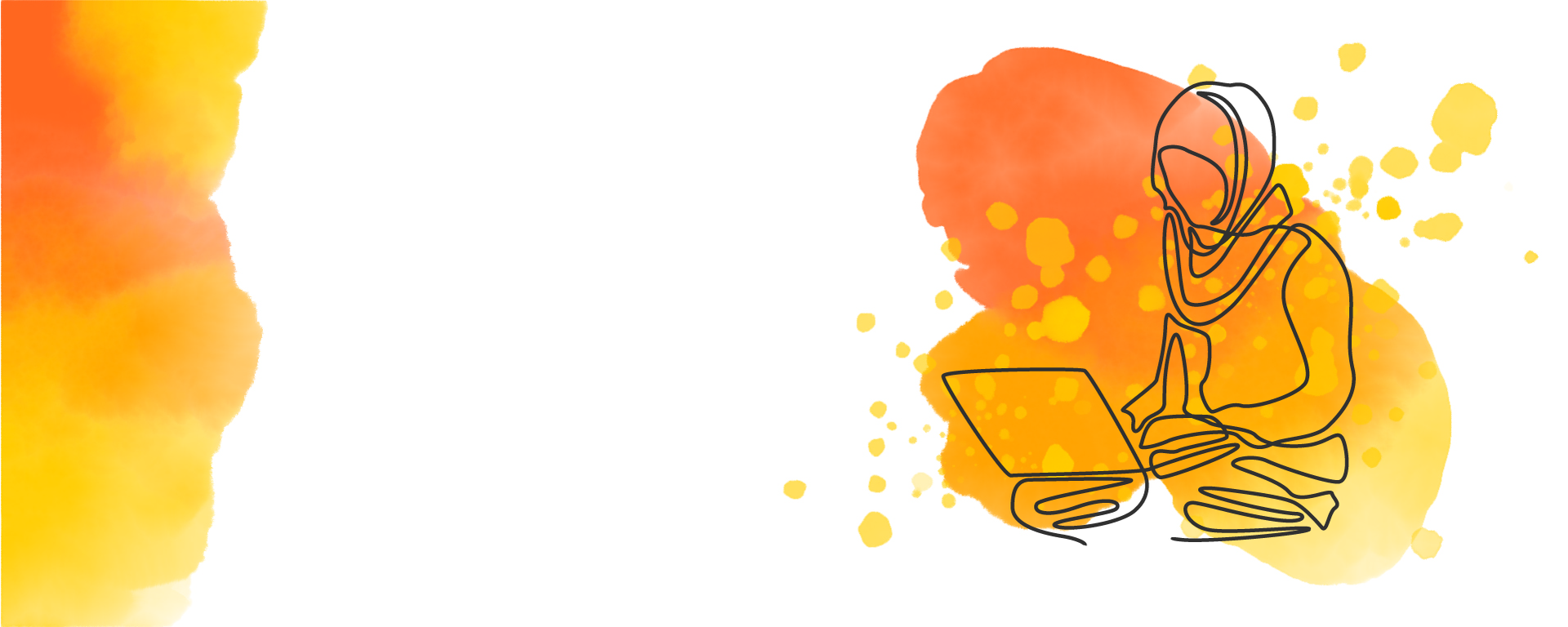 White background with orange and yellow watercolour marks and the outline of a student working on a laptop.