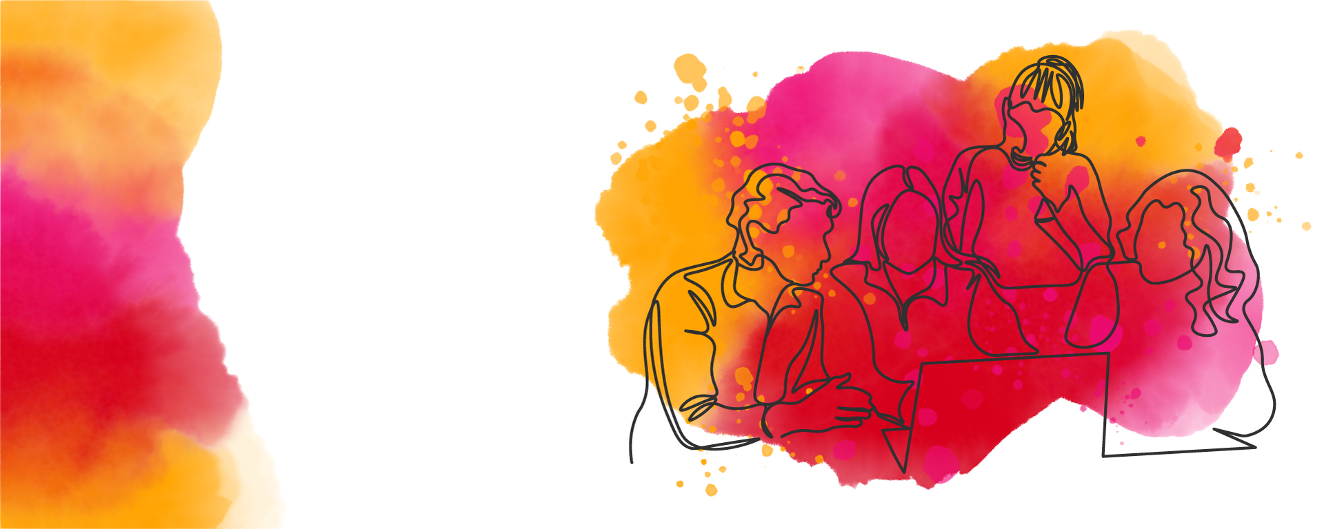 White background with pink, red and gold watercolour marks and the outline of a group of students working together on a laptop.