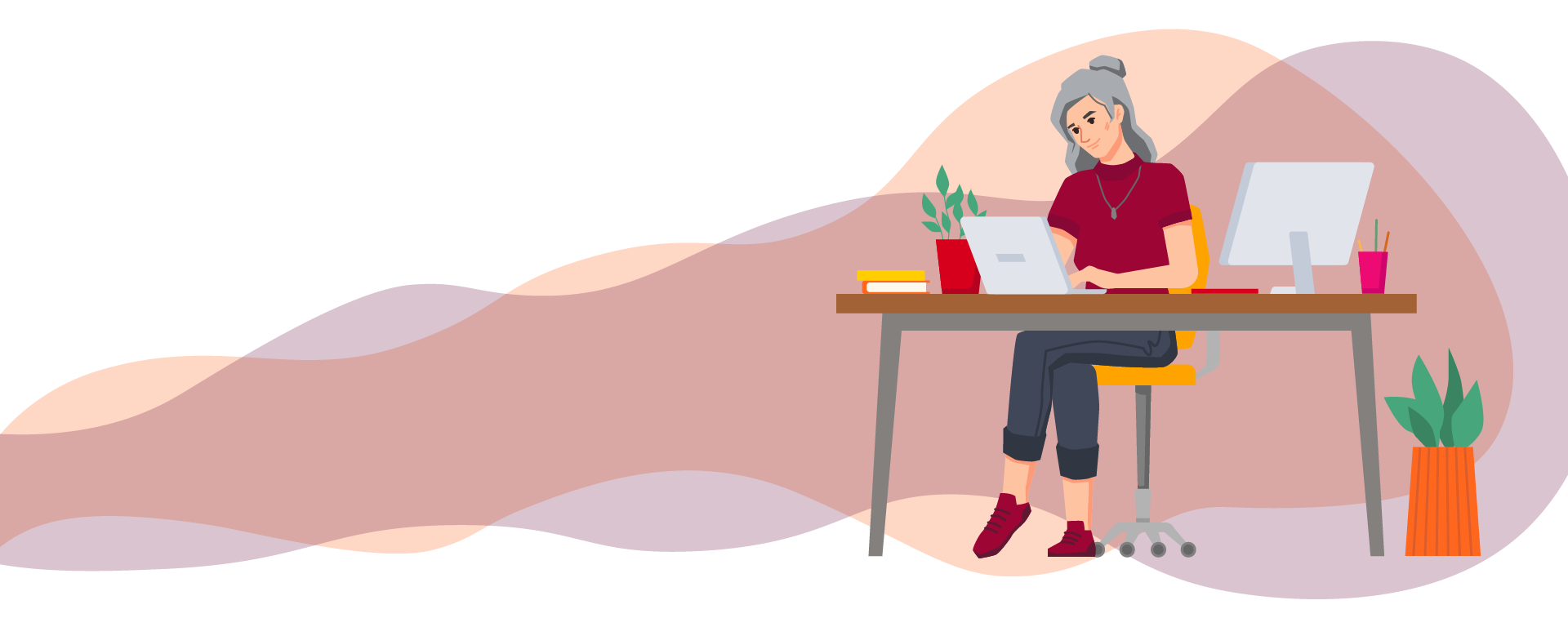 Graphic of woman with grey hair sitting at a desk working on a computer
