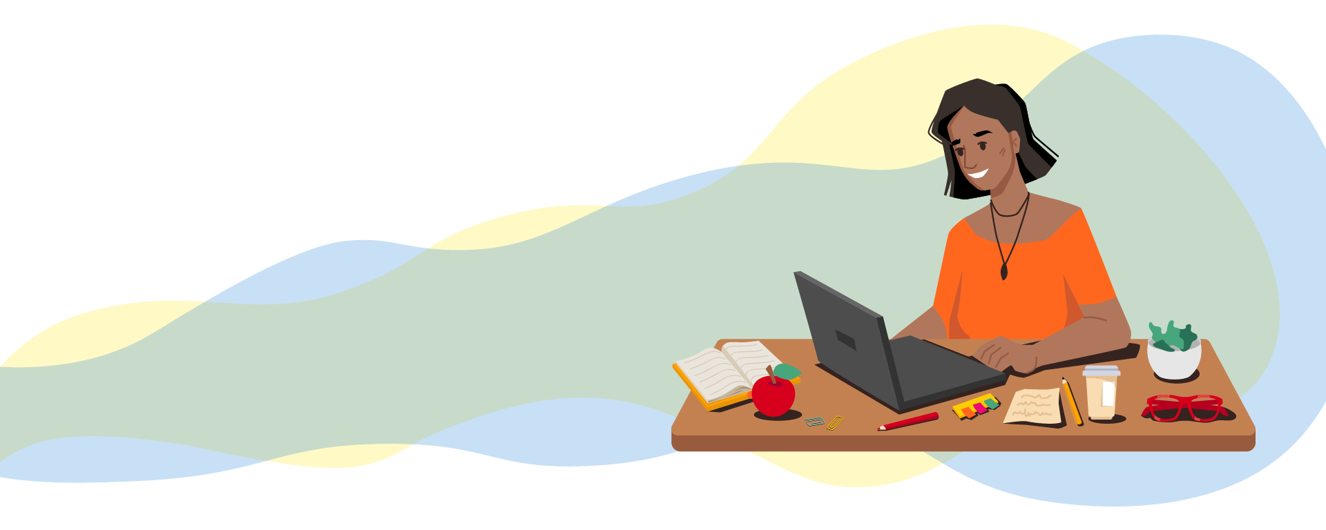 Graphic of a woman sitting at a desk with a laptop open.