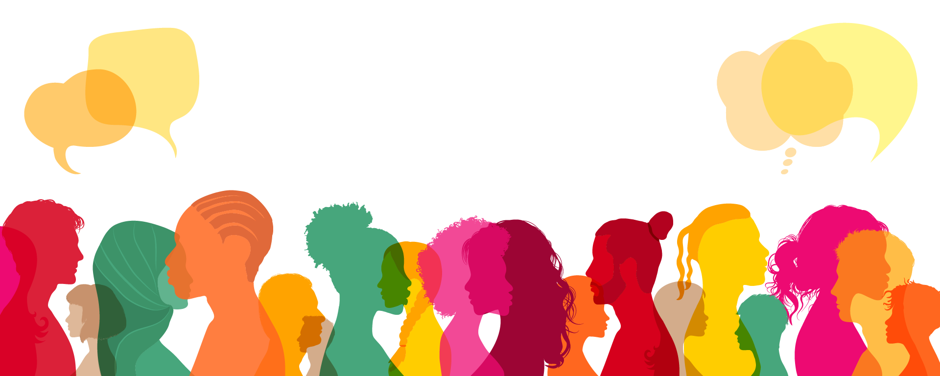 White background with coloured silhouettes of diverse people