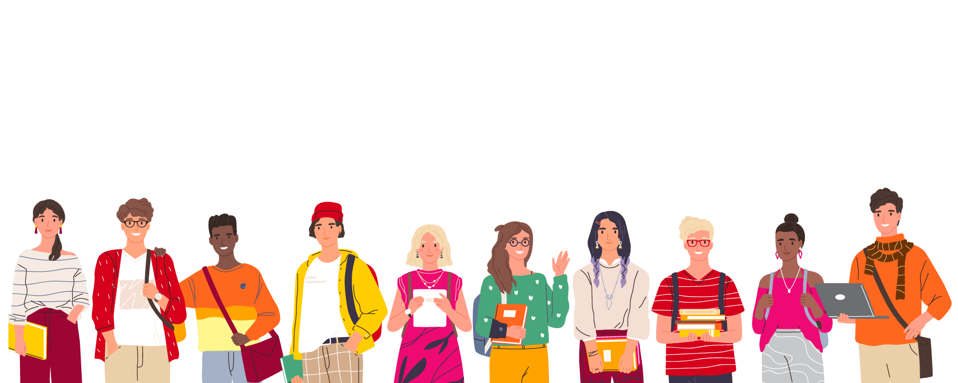 White background with a line of diverse students standing across the horizon