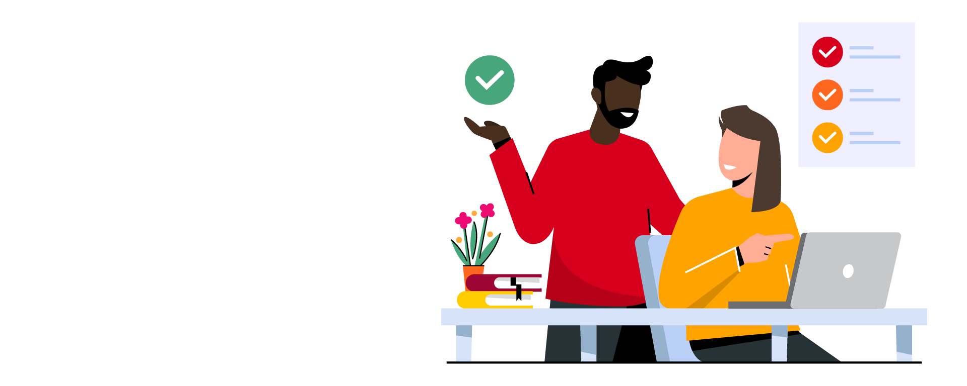 Two people working at a desk with a laptop, discussing checklists