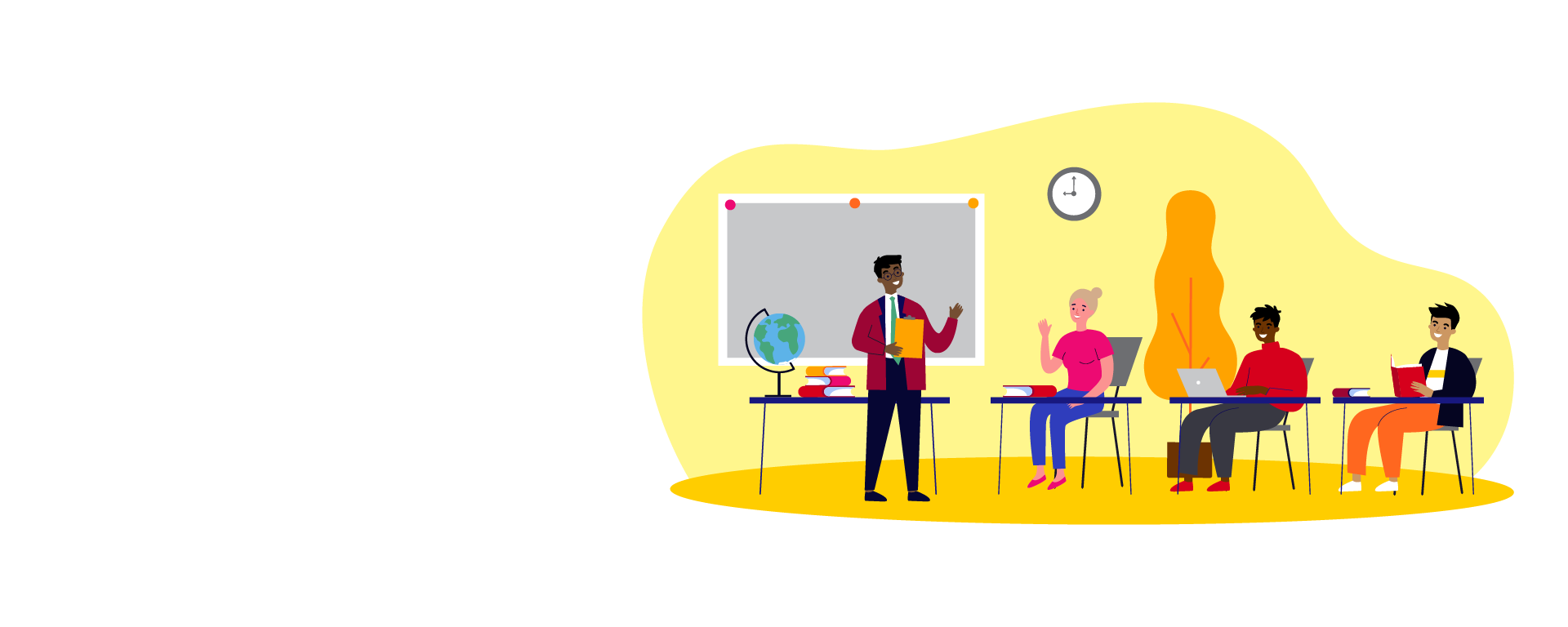 White background with illustration of a classroom where students are sitting in desks listening to an instructor