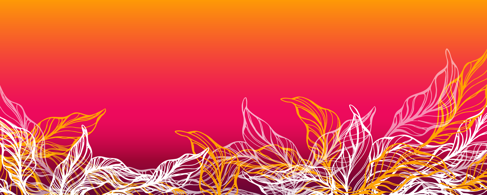 Orange, pink and red background with gold and white leaves on top.