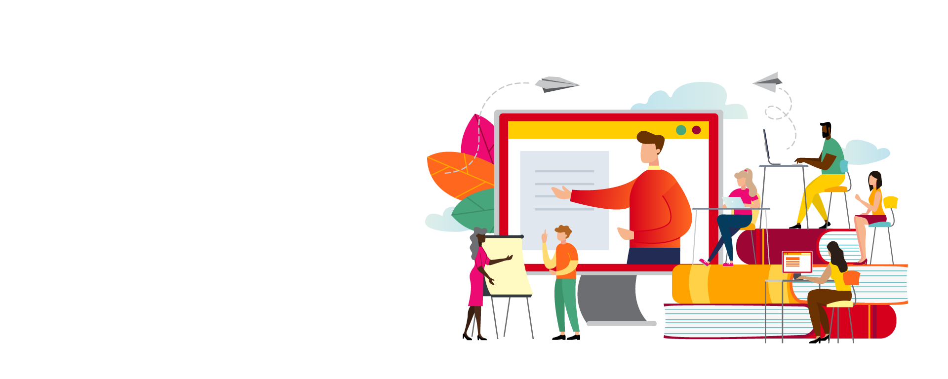 White background with illustration of students working at desks, instructors interacting with students and a person sharing on a computer screen.