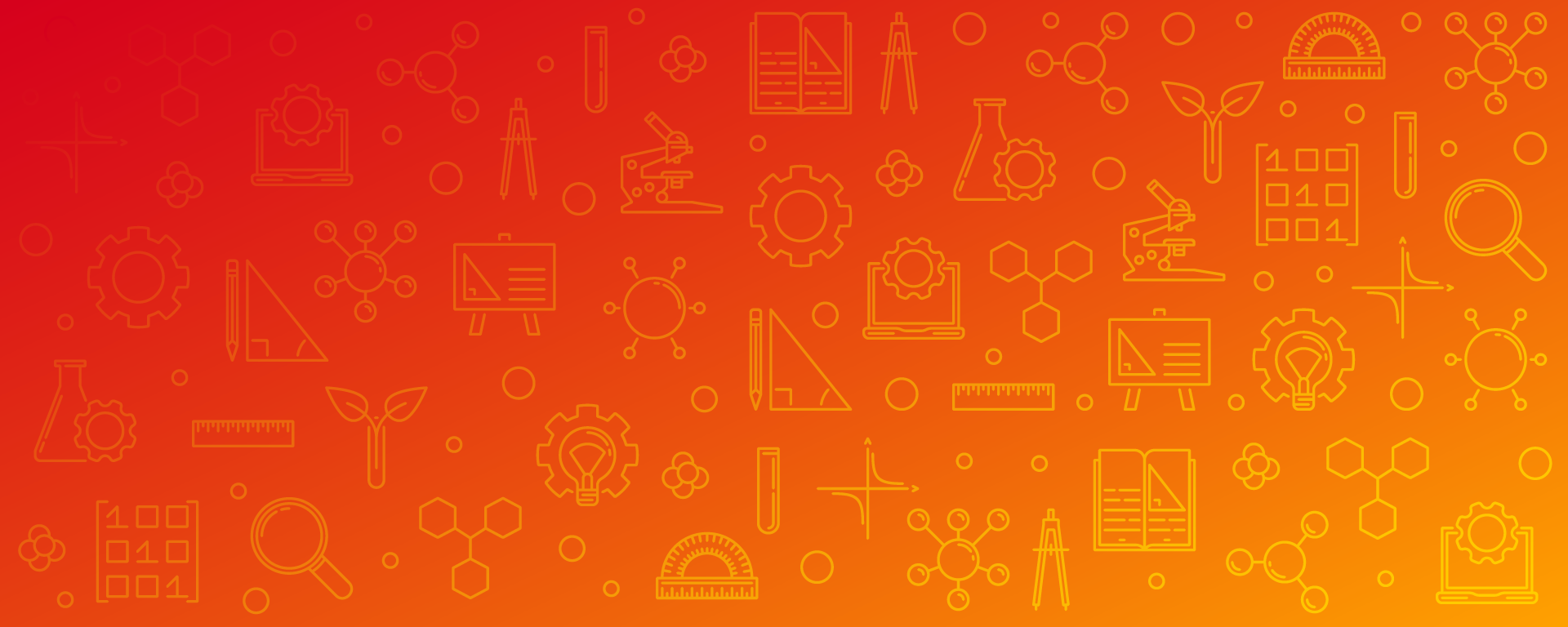 Red and yellow background with STEM-related icons on top