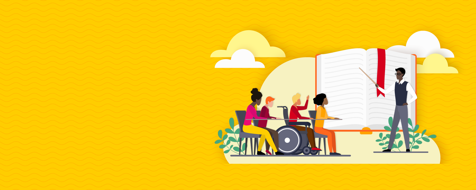 Yellow background with illustration of a diverse group of students learning in a classroom setting.