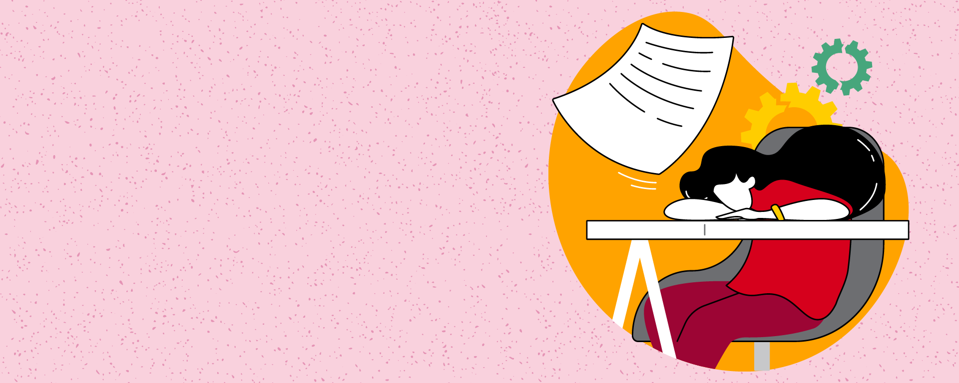 Student sitting at a desk, frustrated, thinking of a test