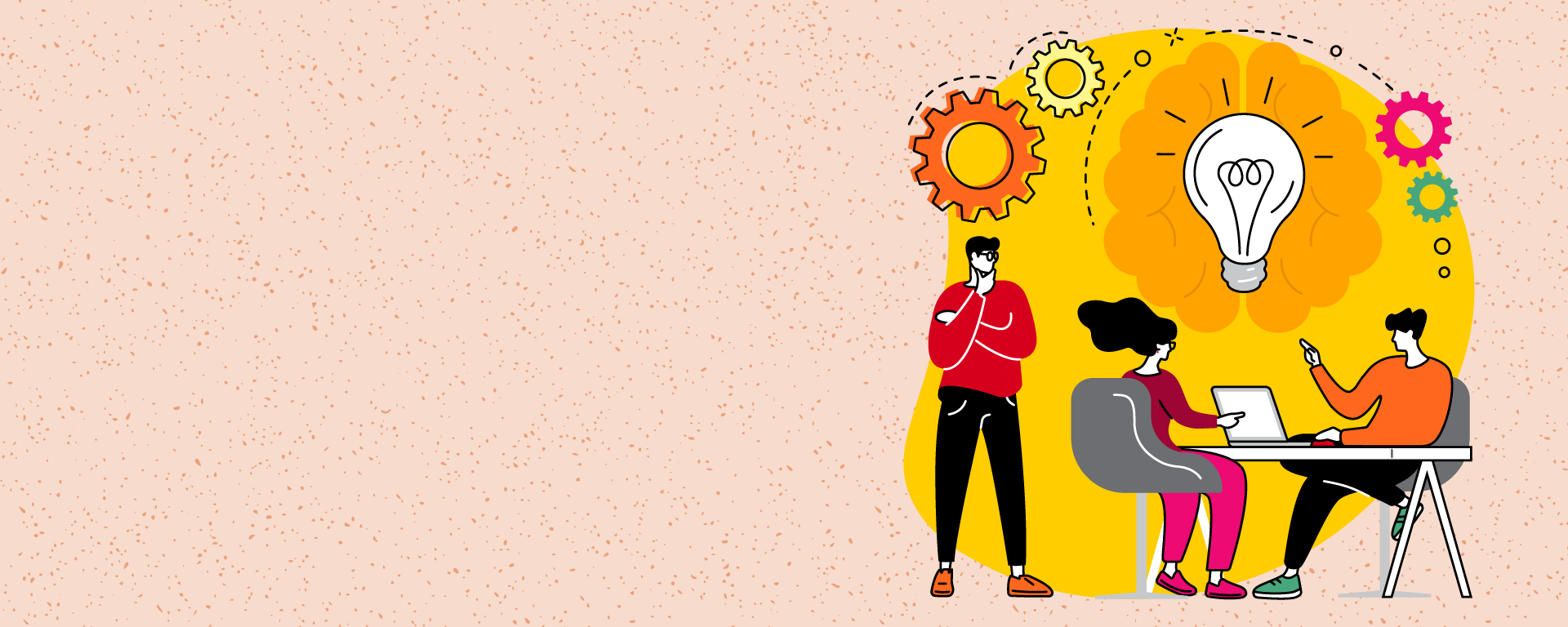 Students and instructor sitting in a room with a laptop, light bulb depicted in front of a brain indicating an ideation session.