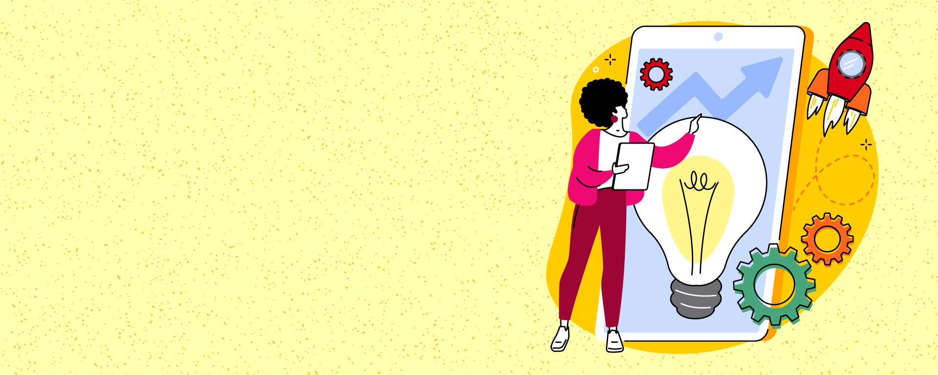 Woman interacting with a mobile device depicting a lit up light bulb, a rocket and gears can be seen in the background.