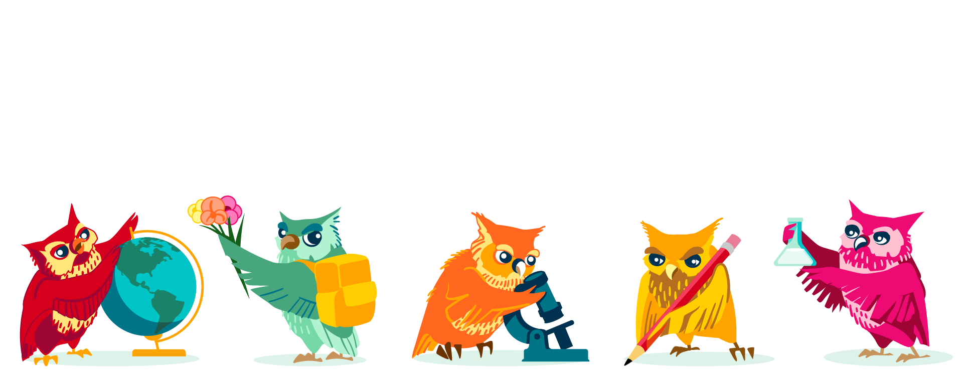 White background with 5 owls depicted engaging in various research activities