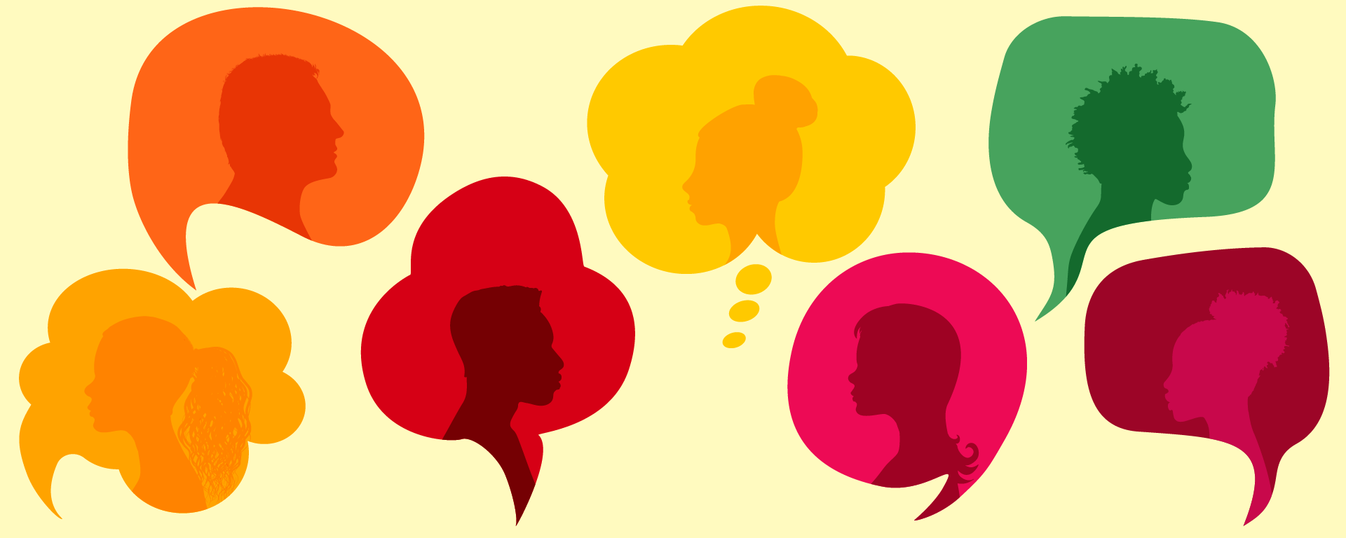 Colourful silhouettes of people in different coloured thought and speech bubbles, on a pale yellow background.