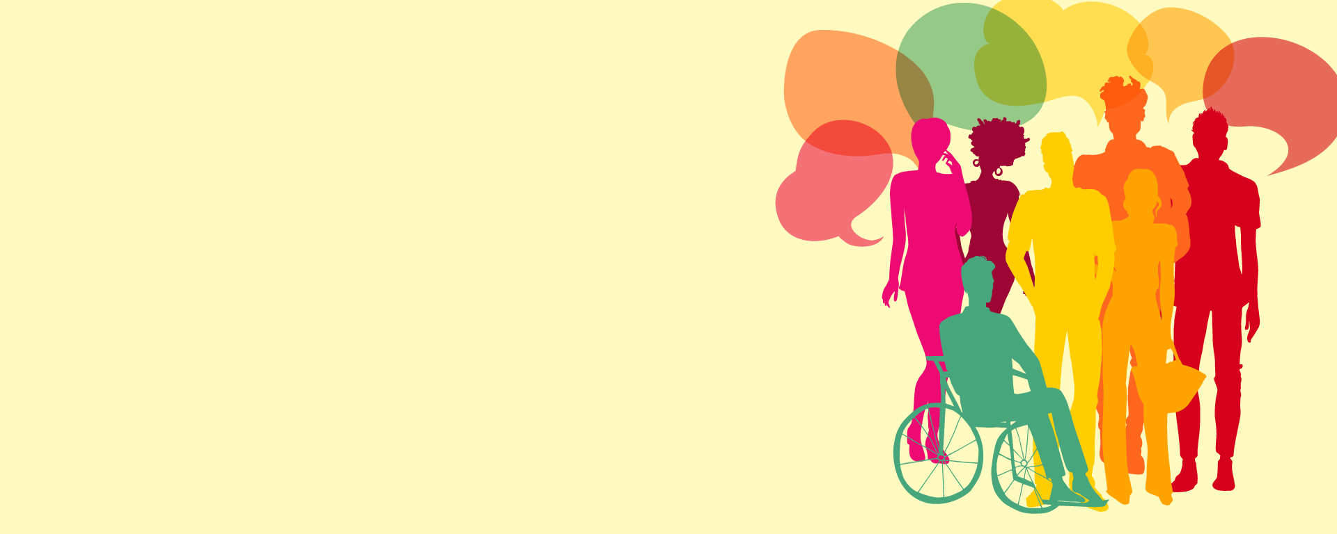 A group of silhouetted people in front of a pale yellow background with coloured, empty speech bubbles over their heads. 