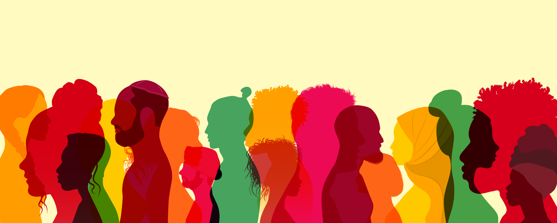 Colourful silhouettes of several people passing by each other, in front of a pale yellow background.