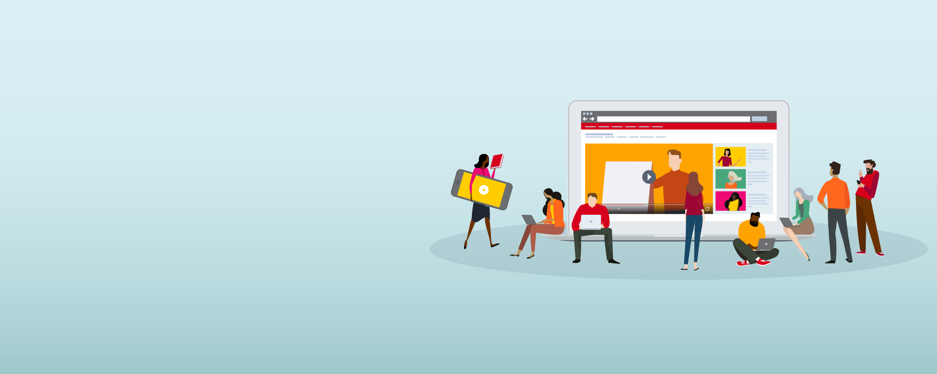Light blue background with an illustration of a group of diverse people gathered and interacting with technology.