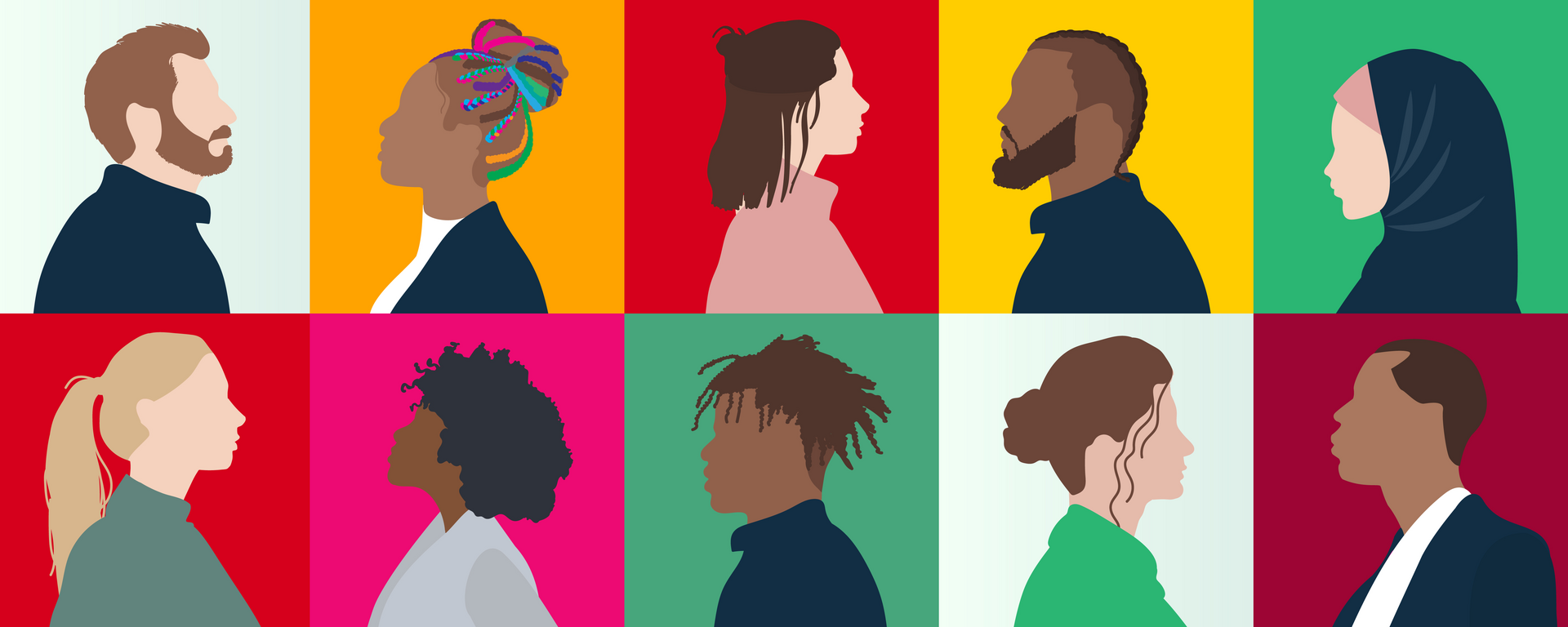 Profiles of different races on a multicolour background