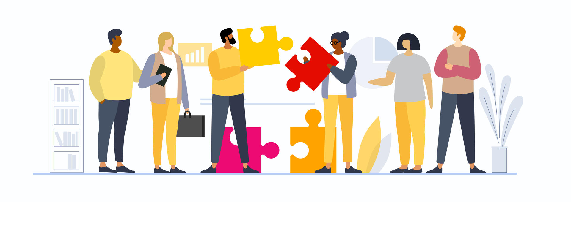 A blend of people solving a problem using puzzle pieces