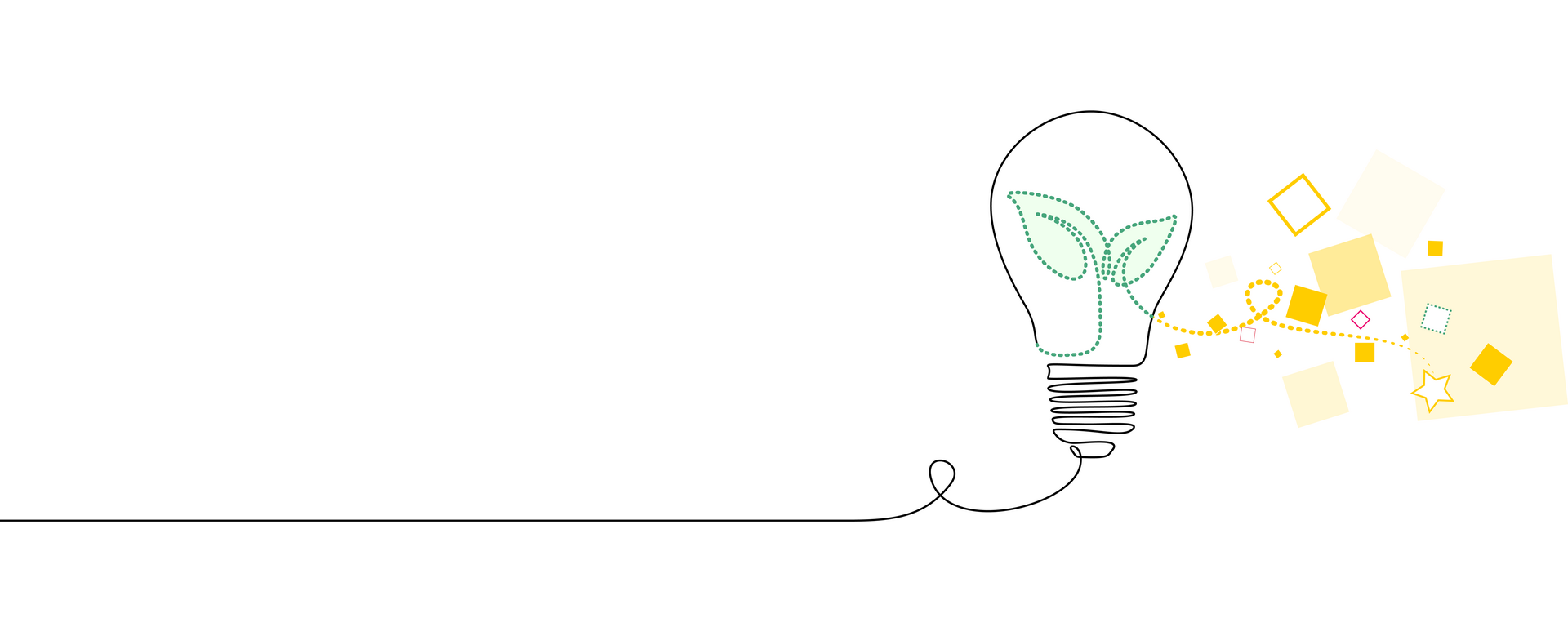 Drawing of a lightbulb with yellow squares floating around it