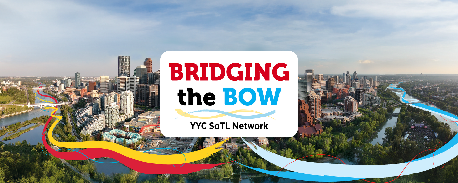 A graphic of two coloured swoosh graphics travelling along a picture of the the bow river and converging on downtown calgary