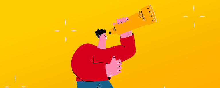 Illustration of a person looking through a handheld telescope.