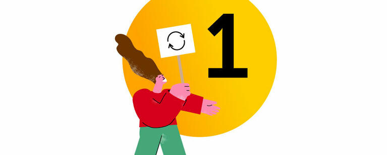 Illustration of a person holding a sign with a cycle diagram in front of a circle with a one.