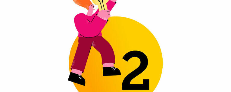 Illustration of a person holding a lightbulb with a cycle diagram in front of a circle with a two.