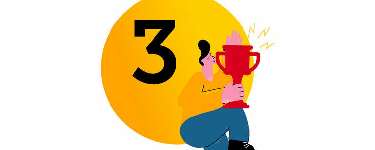 Illustration of a person holding a trohpy in front of a circle with a three.