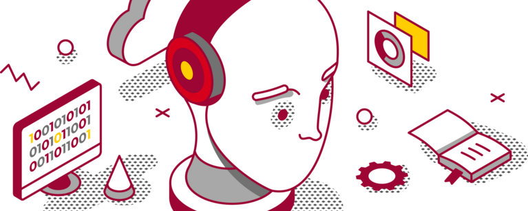 Illustration of a head with computer graphics around.