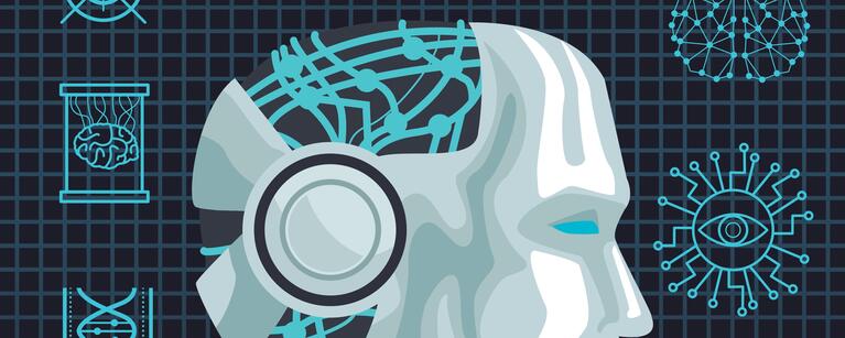 Robot head with various digital drawings around it.