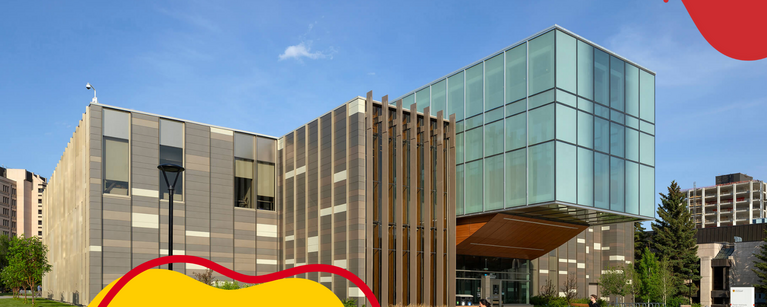A photo of the Taylor Institute building with coloured shapes overlayed