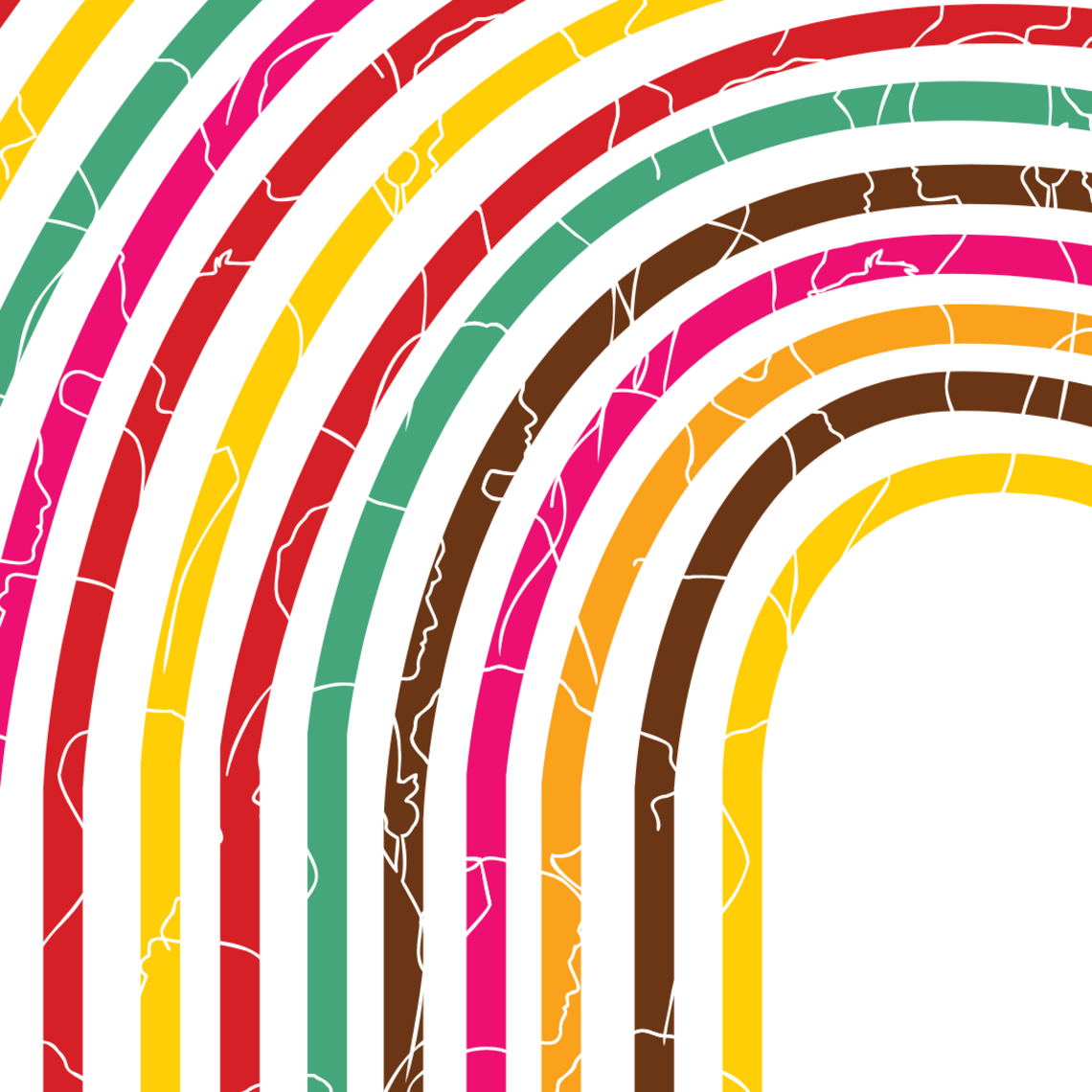 A graphic using a coloured lines motif with overlayed outlines of different people's faces to provide visual texture