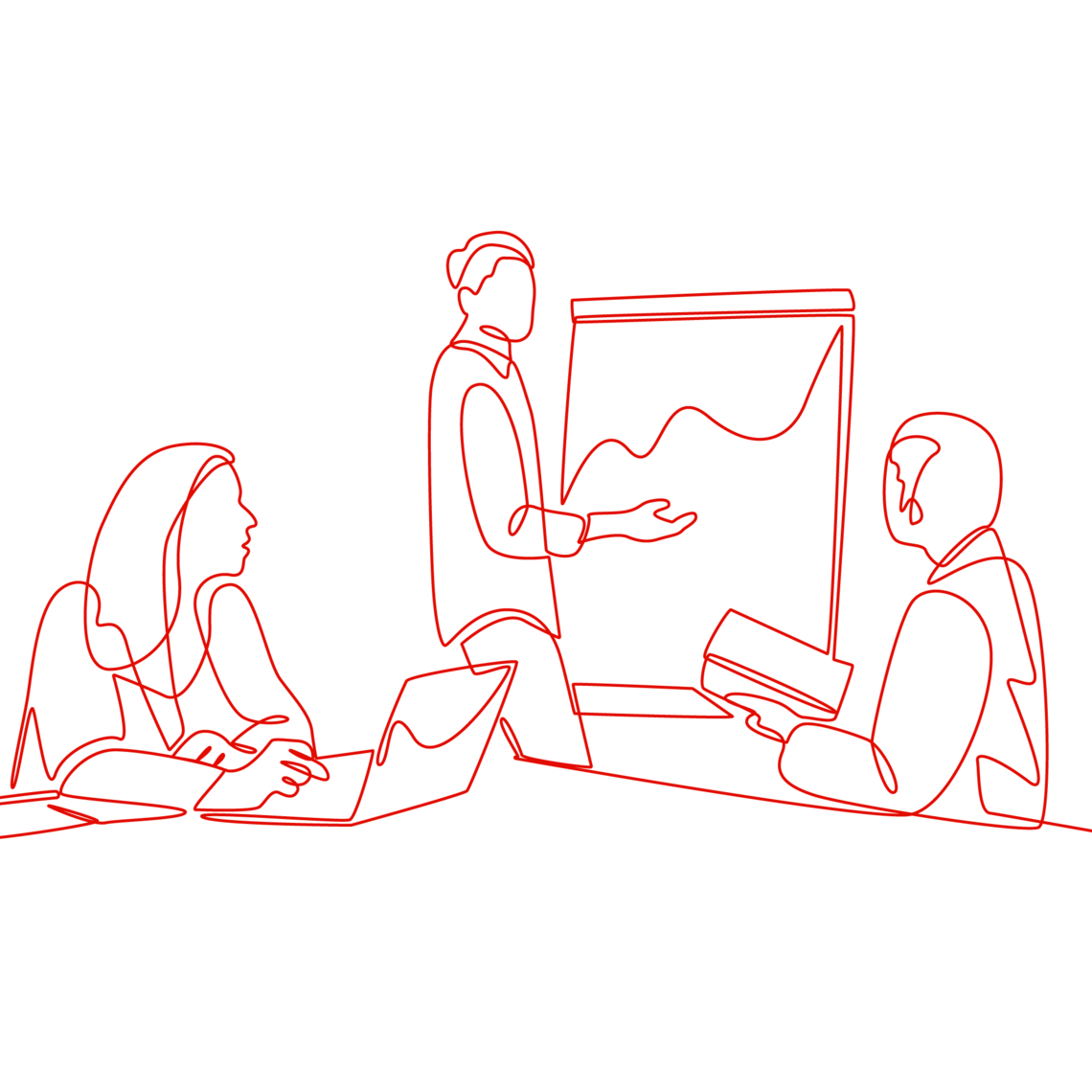 Line art of a classroom with students and an instructor