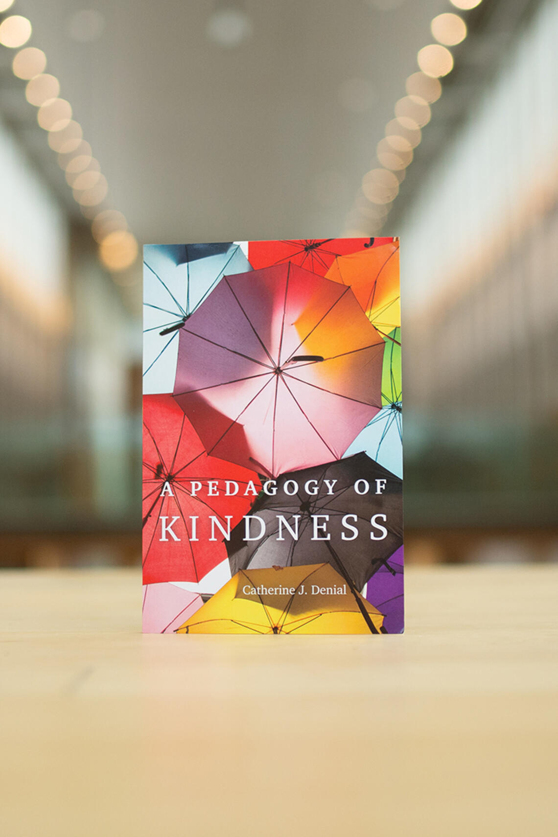 Photo of the "A Pedagogy of Kindness book" sitting in a large room 