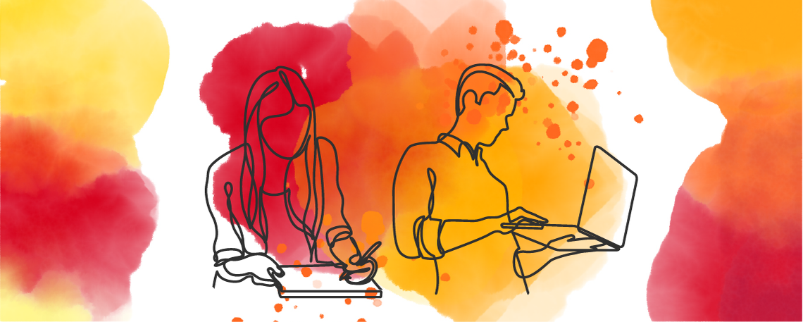 White background with orange, red and yellow watercolour marks and the outline of two students learning via books and laptops.