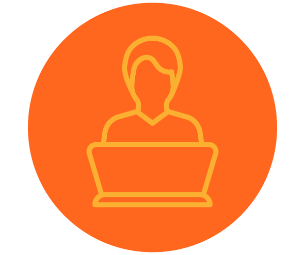 Outline of person on laptop with orange background