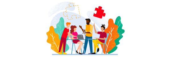 White background with illustration of a group of students working together at a table