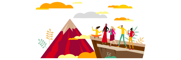 White background with illustration of students hiking a mountain together.