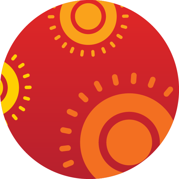 Red background with orange and yellow suns on top