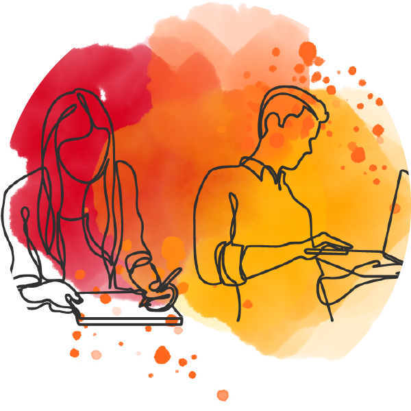 White background with red, orange and yellow watercolour splashes and the illustrated outline of two students using a laptop and writing in abook