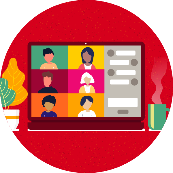 Red background with laptop open to a Zoom screen containing multiple participants