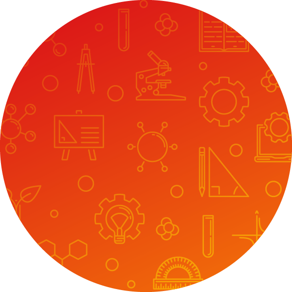 Orange and red background with STEM icons