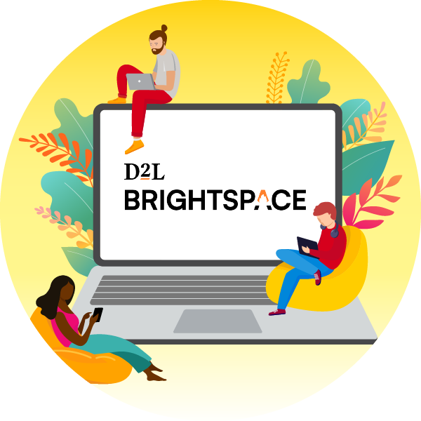 Graphic of people sitting around an open laptop that reads D2L Brightspace