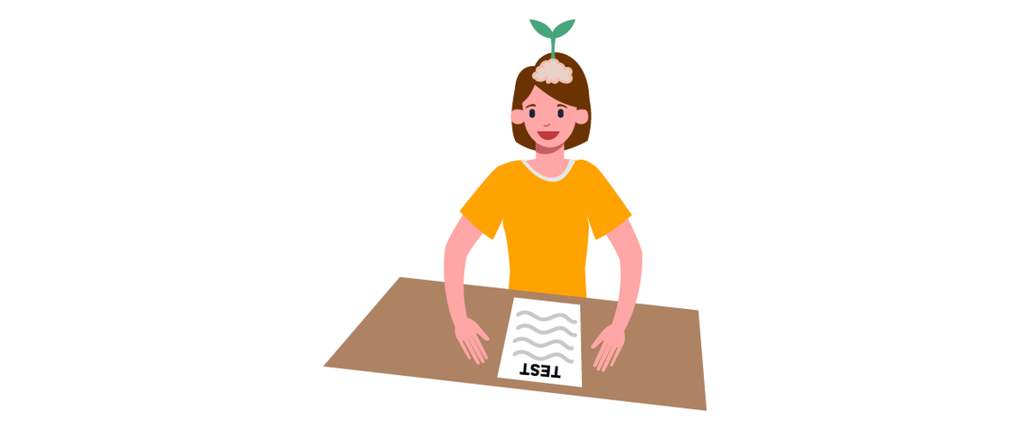 Female student sitting at a desk with a test in front of her, smiling, an image of a seedling growing from her brain.