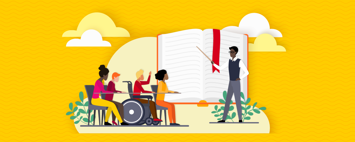Yellow background with illustration of a diverse group of students learning in a classroom setting.