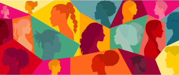 Colourful silhouettes of a diverse array of people arranged in a kaleidoscope style.